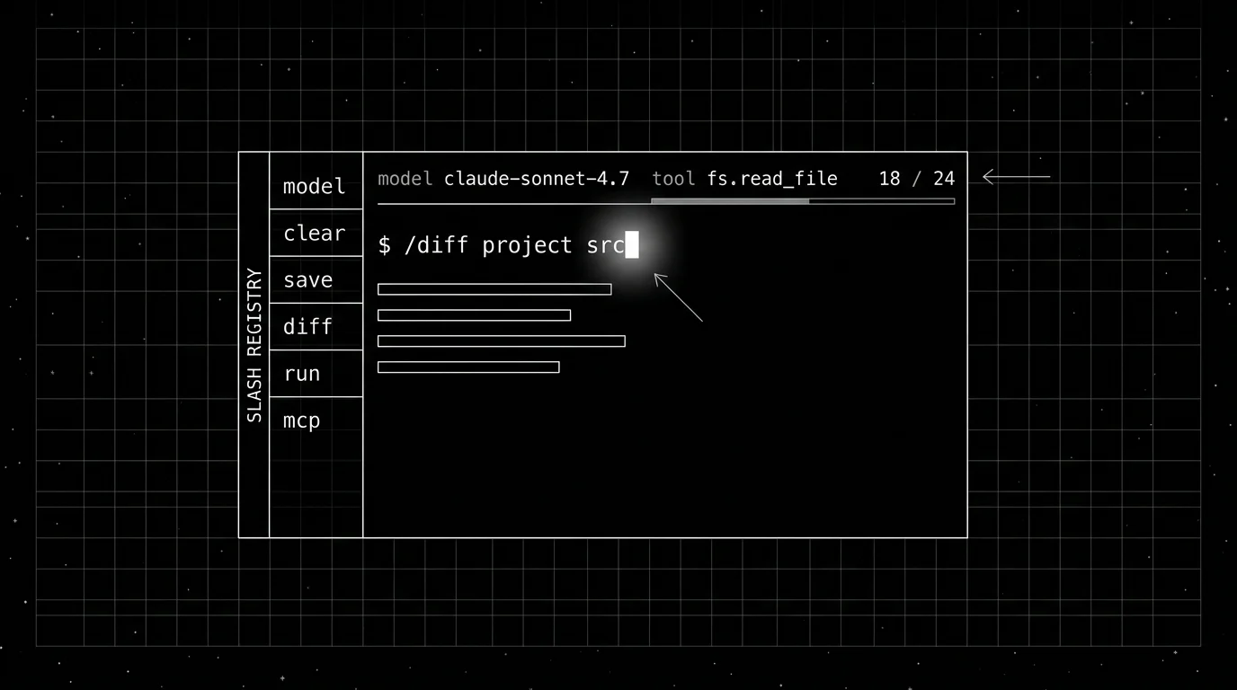 Editorial figure on a black background showing a stylized terminal session with a top status line reading active model and a tool fs.read_file 18 / 24 indicator, then a $ prompt with a typed line slash diff project src, then four lines of streaming agent output below. A vertical ribbon labeled SLASH REGISTRY on the left lists model clear save diff run mcp tests. Two thin annotation arrows point to the status line and the prompt cursor. Soft white halo glow on the prompt cursor block.