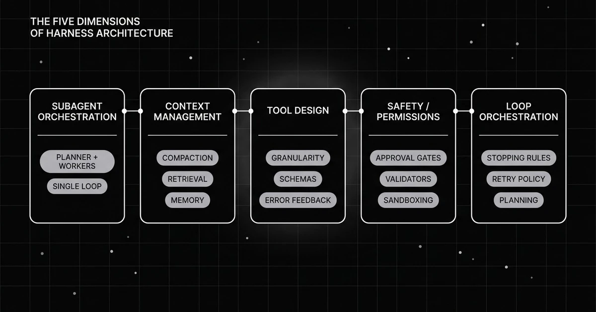 Agent harness architecture matrix of five dimensions: subagent orchestration, context, tool design, safety, and loop.