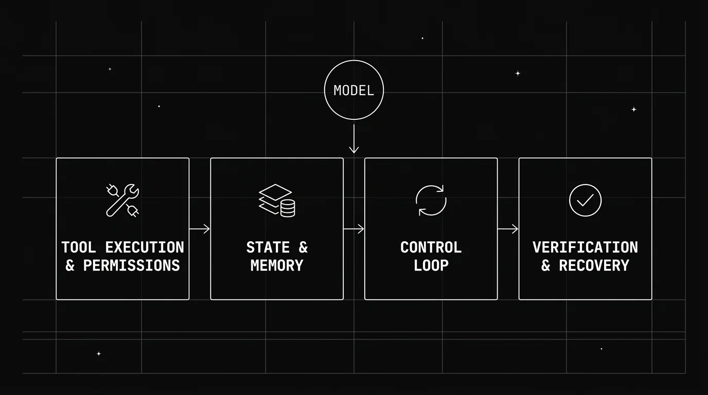 The four core components of an agent harness — tool execution and permissions, state and memory, control loop, and verification and recovery — shown as a left-to-right chain fed by the model