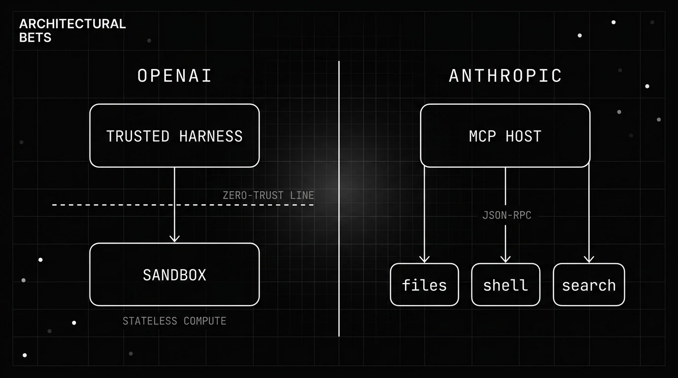 Two columns: a trusted harness above a zero-trust line over a sandbox, and an MCP Host linked by JSON-RPC to servers.