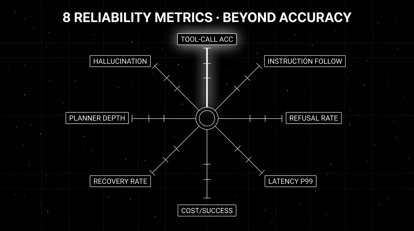 Editorial wireframe radial dashboard, 16:9 (1376 x 768), pure black background with faint white starfield. CENTER: a wireframe central hub drawn as a small white circle. Eight spokes radiate outward from the hub, each spoke ending in a small wireframe rectangle labeled with one metric: TOOL-CALL ACC, INSTRUCTION FOLLOW, REFUSAL RATE, LATENCY P99, COST/SUCCESS, RECOVERY RATE, PLANNER DEPTH, HALLUCINATION. The TOOL-CALL ACC spoke at the top has a soft white halo glow as the focal element. Other spokes drawn in plain white outlines. Subtle tick marks along each spoke suggest threshold values.