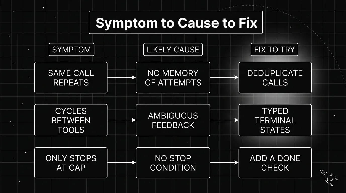 Blueprint decision-flow diagram for fixing an AI agent stuck in a loop, tracing an observed symptom to its likely cause to the fix to apply, in the order a developer would work through it