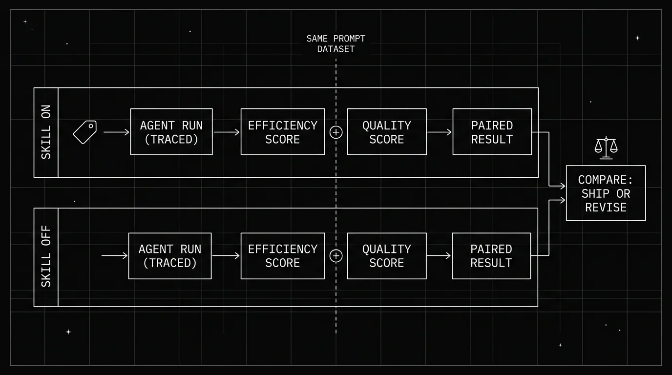 Skill-on versus skill-off comparison workflow: the same prompt dataset runs through a traced agent in both conditions, each scored on efficiency and quality, feeding a ship-or-revise decision