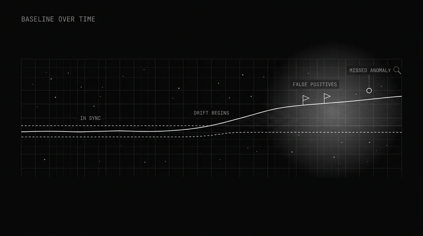 Diagram of a baseline drifting over time while a lagging threshold band produces false positives and misses a genuine anomaly