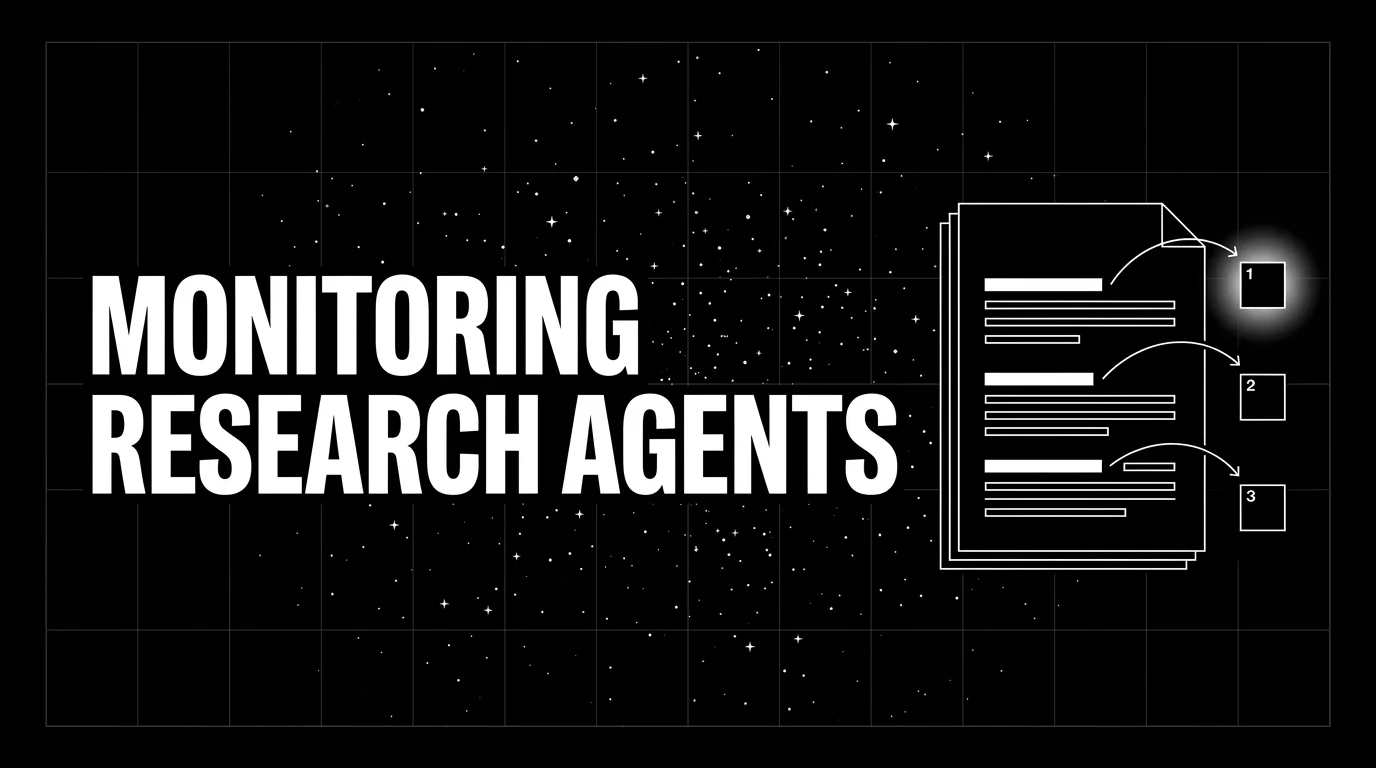 Editorial cover image on a pure black starfield background with faint white grid. Bold all-caps white headline MONITORING RESEARCH AGENTS fills the left half. The right half shows a wireframe research document with three text-line bars and three thin curved citation arrows arcing out to small numbered source-icon squares 1, 2, 3 on the right. Soft white halo glow on the topmost citation arrow tip.
