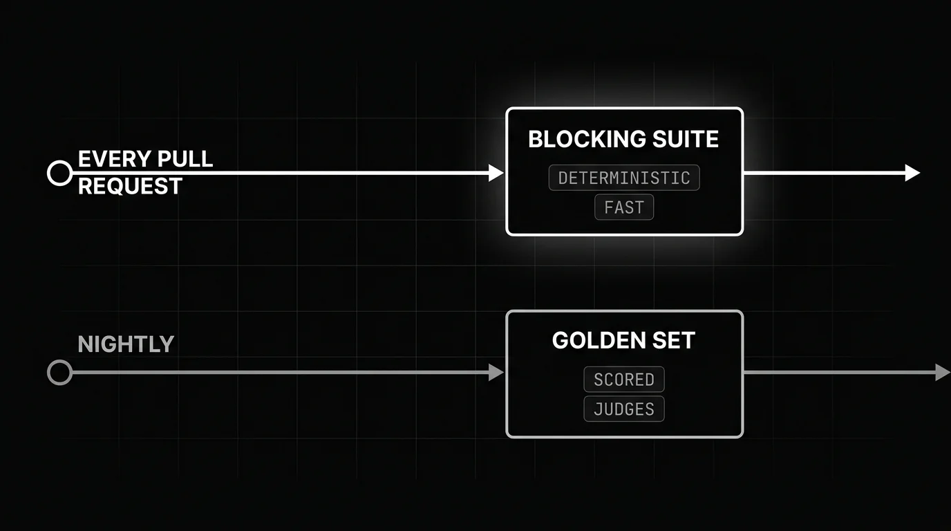AI testing tools two tier test design with a fast deterministic suite blocking every pull request and the full golden dataset scored on a nightly schedule