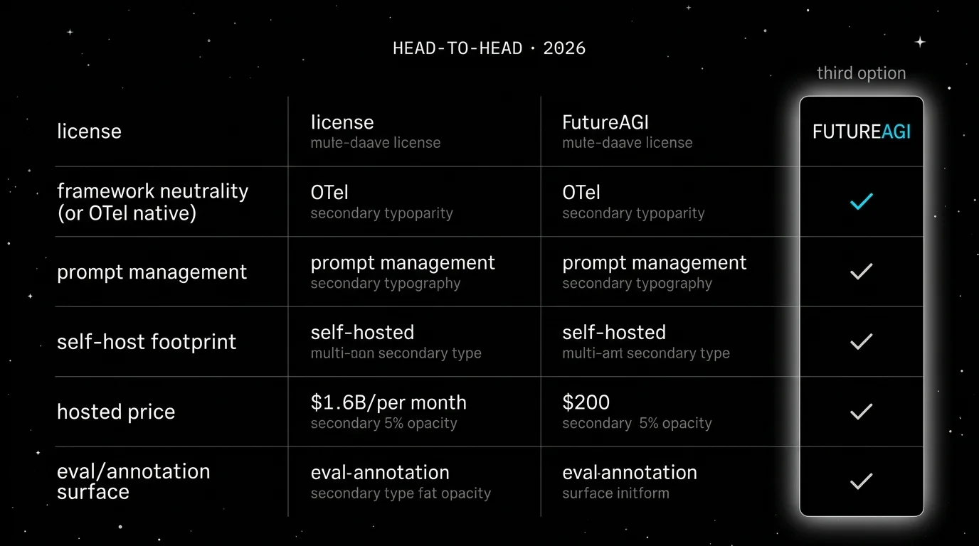 Side-by-side comparison matrix of Phoenix and Langfuse on six rows: license (Phoenix EL2 vs Langfuse mostly MIT), OTel native (Phoenix first-class vs Langfuse ingestion), prompt management (Phoenix growing vs Langfuse mature), self-host footprint (Phoenix single container vs Langfuse multi-service), hosted price (Phoenix AX Pro $50/mo vs Langfuse Core $29/mo), and annotation queues (Phoenix yes vs Langfuse mature with workflow). A small third column on the far right labeled "unified stack" lists FutureAGI as a focal soft white halo highlighting evals, gateway, simulation, and guardrails in one Apache 2.0 stack.