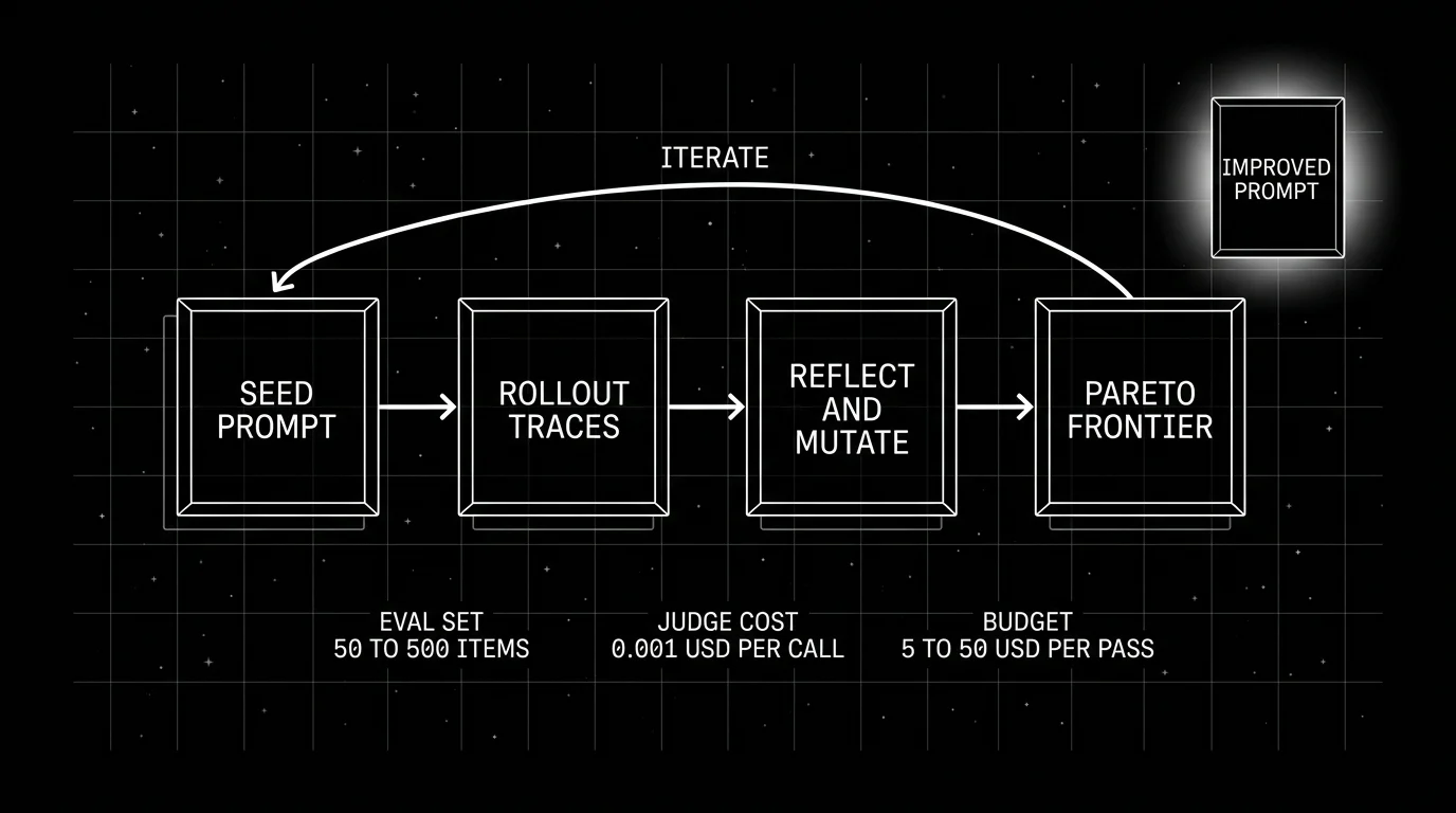 Editorial figure on a black background showing a horizontal flowchart with four boxed stages from left to right labeled SEED PROMPT, ROLLOUT TRACES, REFLECT and MUTATE, PARETO FRONTIER. A thicker arrow loops back from PARETO FRONTIER to SEED PROMPT labeled iterate. On the right, a separate IMPROVED PROMPT card sits with a soft white halo glow. Beneath the flow, three small annotation labels read eval set 50 to 500 items, judge cost dollar 0.001 per call, budget 5 to 50 dollar per pass.