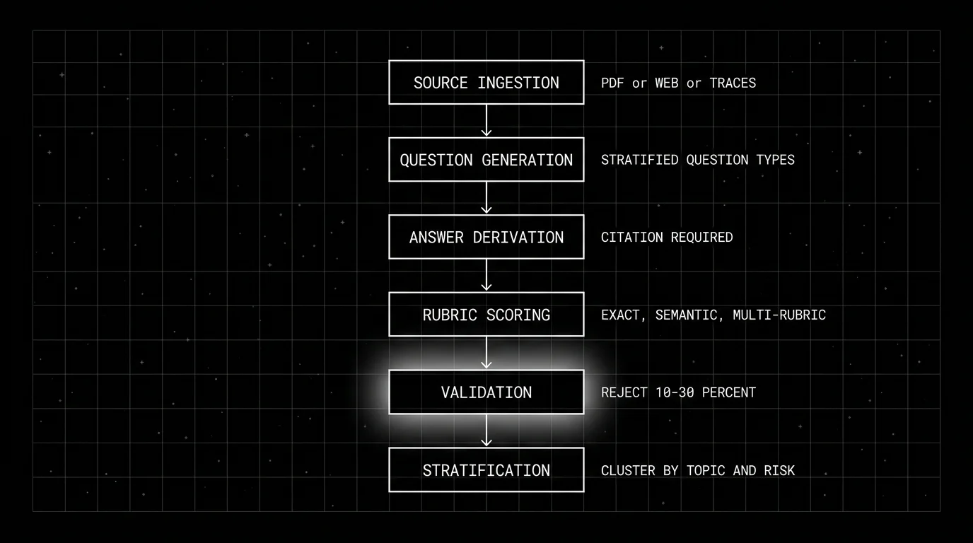 Editorial figure on a black background showing a vertical six-stage flowchart from top to bottom labeled SOURCE INGESTION, QUESTION GENERATION, ANSWER DERIVATION, RUBRIC SCORING, VALIDATION, STRATIFICATION, with thin connecting arrows. To the right of each stage, a small annotation label reads in white sans-serif: PDF or Web or Traces, Stratified Question Types, Citation Required, Exact Semantic Multi-rubric, Reject 10-30 percent, Cluster by Topic and Risk. Soft white halo glow on the VALIDATION stage as the focal element.