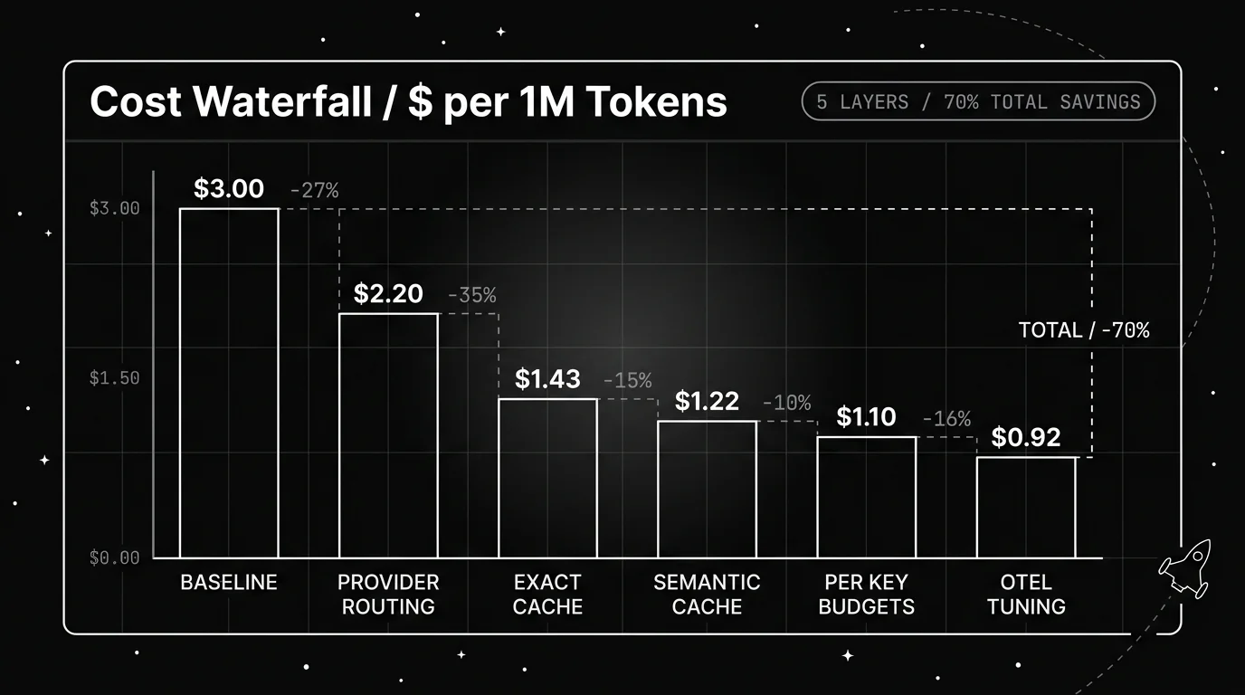 Blueprint financial waterfall chart in monochrome white-on-black line art, showing per-1M-tokens cost reduction across five AI gateway control layers in 2026: baseline at $3.00 drops to $2.20 with provider routing (-27%), to $1.43 with exact cache (-35%), to $1.22 with semantic cache (-15%), to $1.10 with per-key budgets (-10%), and to $0.92 with OTel cost tuning (-16%), for a total -70% cost reduction.