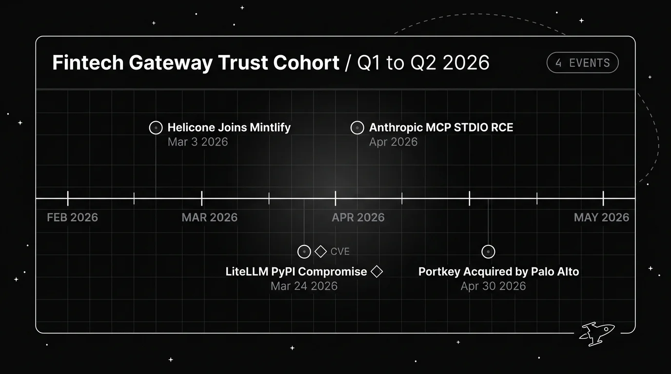 Blueprint horizontal timeline of four 2026 fintech AI gateway trust events in monochrome white-on-black line art: Helicone joining Mintlify on March 3, LiteLLM PyPI compromise on March 24 (CVE-class severity marker), Anthropic MCP STDIO RCE in mid April, and the Palo Alto Networks acquisition announcement for Portkey on April 30.