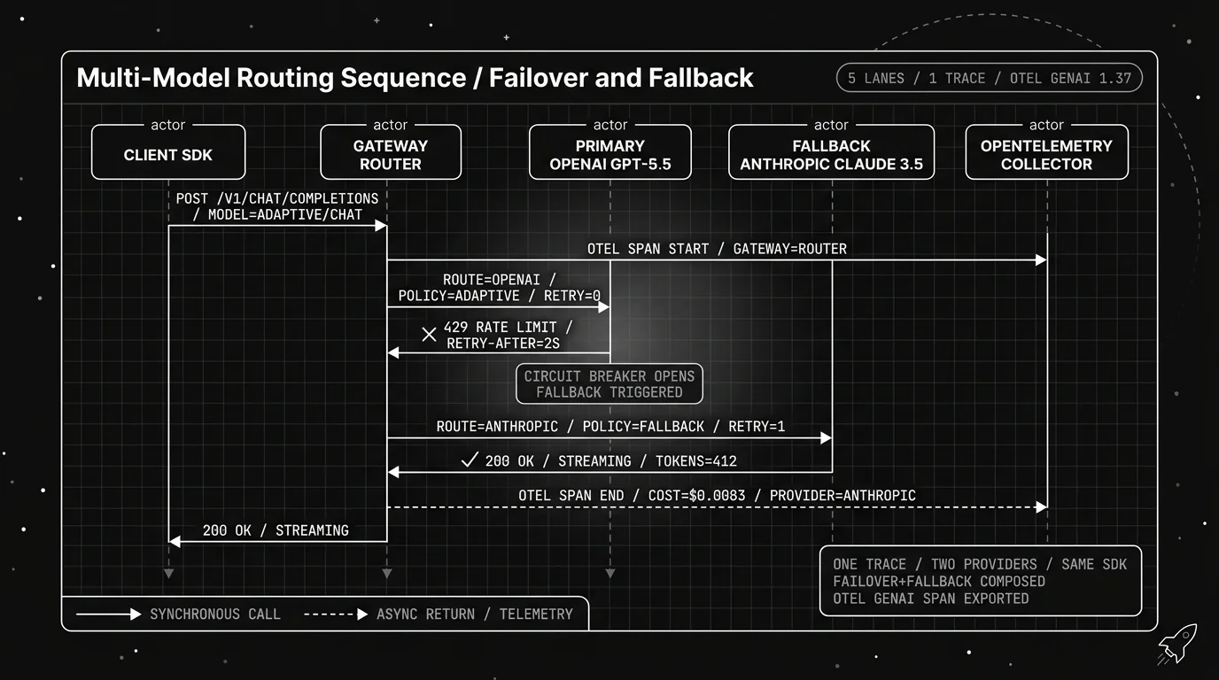 Blueprint UML-style sequence diagram of a multi-model AI gateway request flow in 2026 in monochrome white-on-black line art, with five swim lanes (Client SDK, Gateway Router, Primary Provider, Fallback Provider, OpenTelemetry Collector) and horizontal arrows showing the request flow with a 429 rate limit on the primary triggering a fallback and the entire trace exported as a single OpenTelemetry GenAI span.