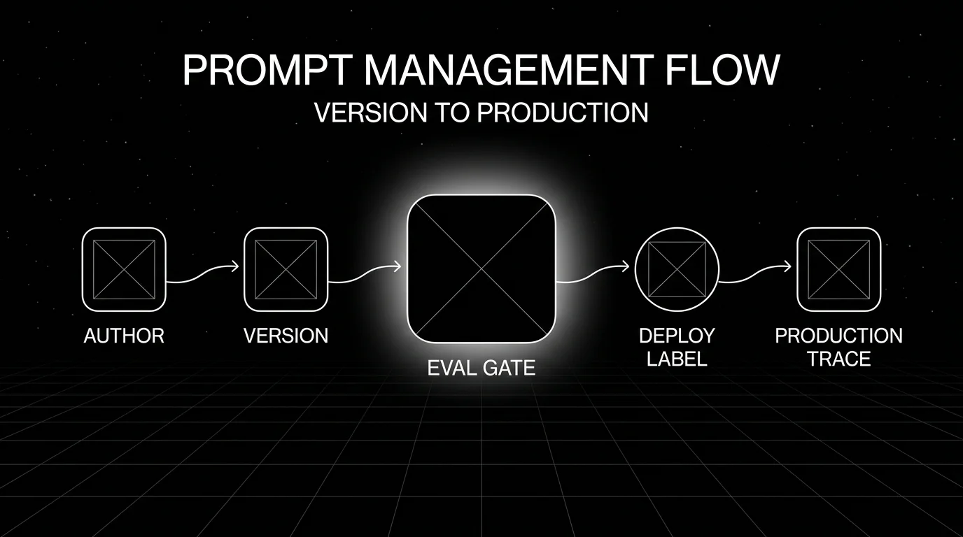 Editorial diagram on a black starfield background titled PROMPT MANAGEMENT FLOW with subhead VERSION TO PRODUCTION. Five wireframe nodes in a horizontal flow: AUTHOR -> VERSION -> EVAL GATE -> DEPLOY LABEL -> PRODUCTION TRACE. Each node connected by arrows; the EVAL GATE node is larger with a focal soft white halo. Pure white outlines.