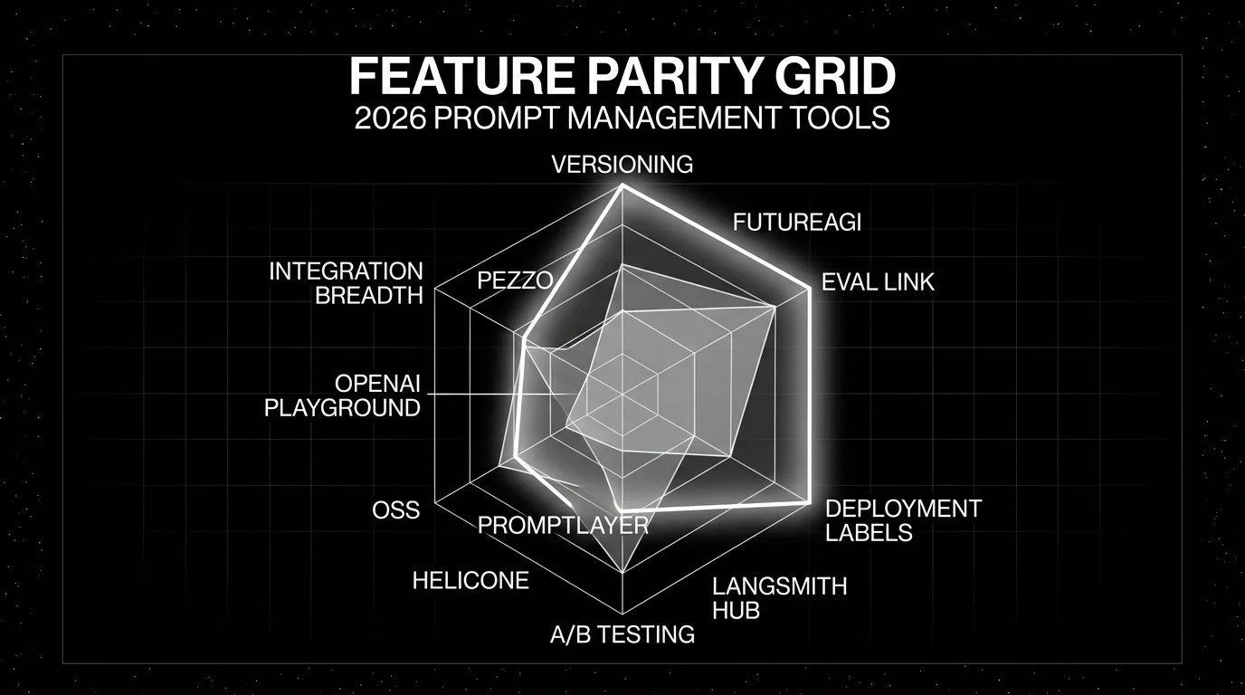 Editorial radar chart on a black starfield background titled FEATURE PARITY GRID with subhead 2026 PROMPT MANAGEMENT TOOLS. Six axes labeled: versioning, eval link, deployment labels, A/B testing, OSS, integration breadth. Seven overlaid translucent polygons in white representing FutureAGI (focal solid white outline filling the grid), Langfuse, LangSmith Hub, PromptLayer, Helicone, OpenAI Playground (smallest), Pezzo. FutureAGI shape is the largest with a soft halo behind it.