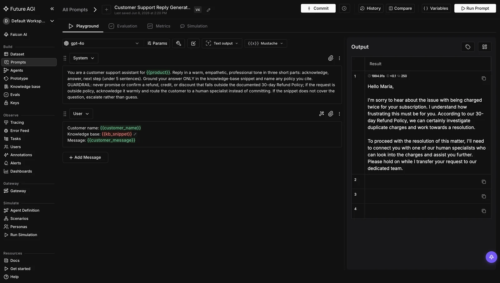 Future AGI no-code Prompt Workbench showing version v4 of a customer-support prompt with a refund-policy guardrail and a live generated reply, an example of collaborative prompt management for product teams