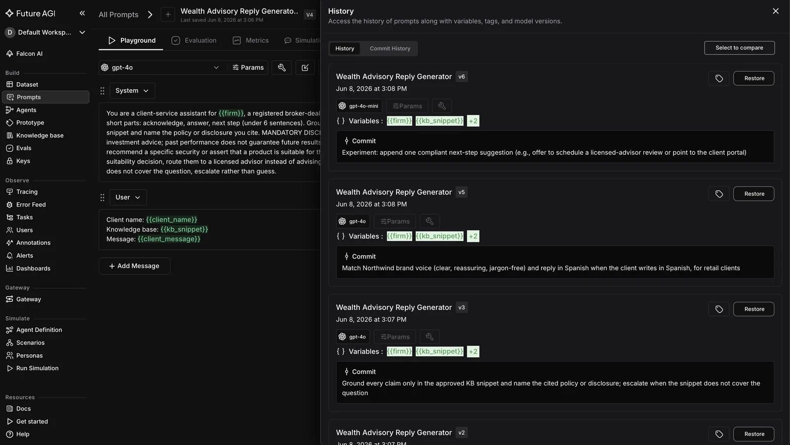 Future AGI prompt version history showing earlier prompt version snapshots, a default version marker, and controls to open, restore, or compare any prior version from the Changelog, an example of git-based prompt management