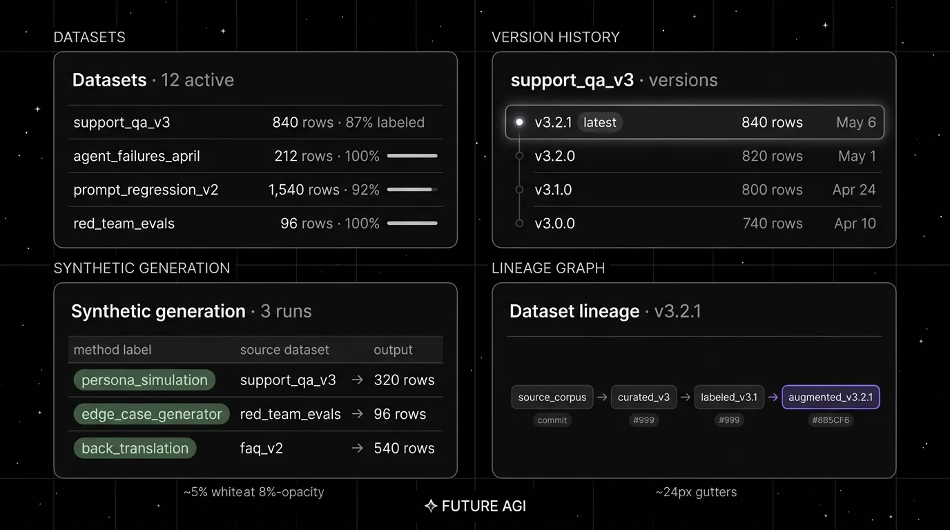 Editorial 2x2 product showcase panel on a black starfield background showing four panels: a datasets list with row counts, a version history with the latest version highlighted (focal halo), a synthetic generation runs panel, and a dataset lineage graph with an augmented_v3.2.1 focal node.