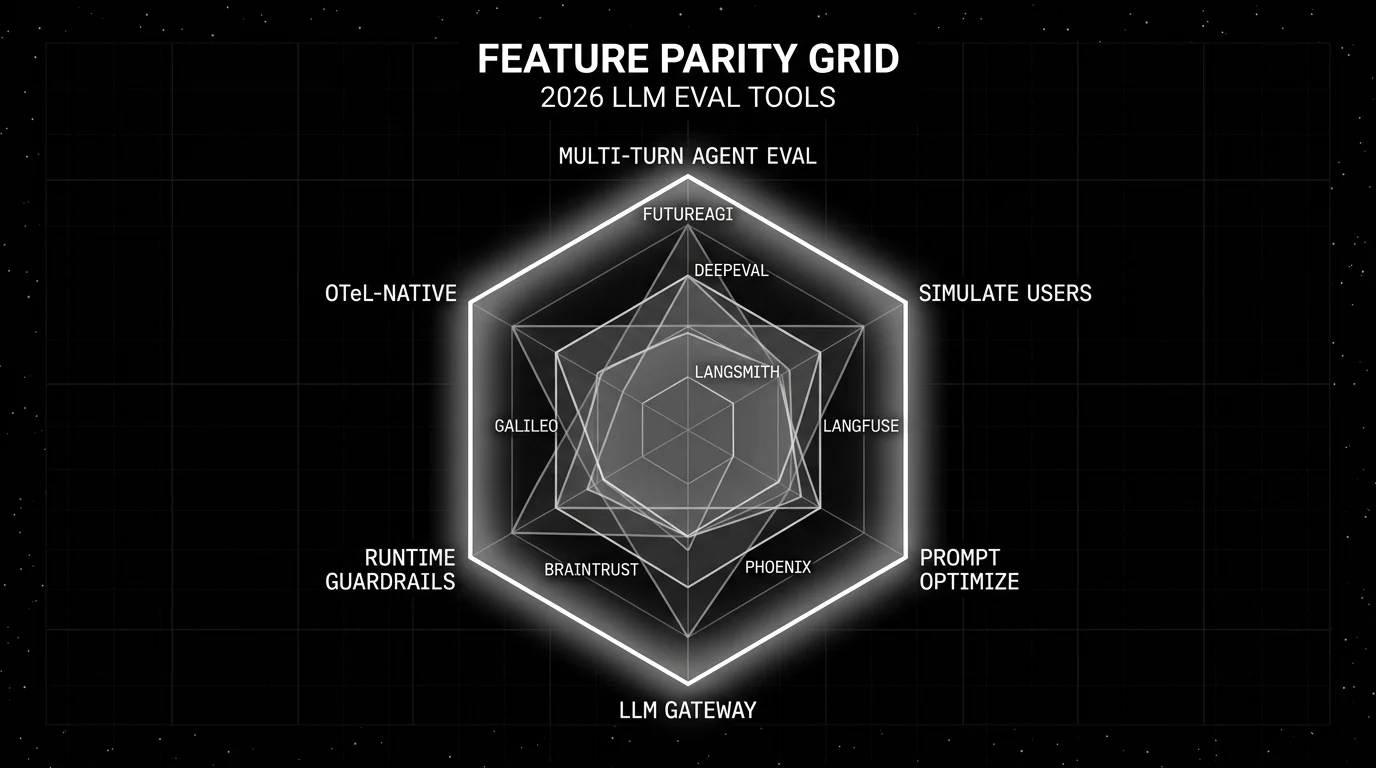 Editorial radar chart on a black starfield background titled FEATURE PARITY GRID with subhead 2026 LLM EVAL TOOLS. Six axes labeled: multi-turn agent eval, simulate users, prompt optimize, LLM gateway, runtime guardrails, OTel-native. Seven overlaid translucent polygons in white representing FutureAGI (focal solid white outline filling the grid), DeepEval, Langfuse, Phoenix, Braintrust, LangSmith, Galileo. FutureAGI shape is the largest with a soft halo behind it.