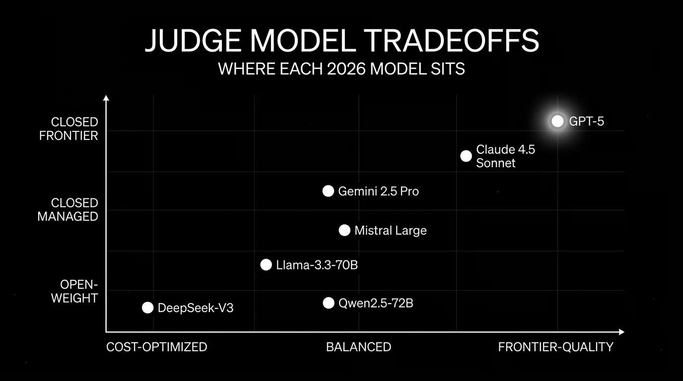 Editorial scatter plot on a black starfield background titled JUDGE MODEL TRADEOFFS with subhead WHERE EACH 2026 MODEL SITS. Horizontal axis runs from cost-optimized on the left through balanced in the middle to frontier-quality on the right. Vertical axis runs from open-weight at the bottom through closed managed in the middle to closed frontier at the top. Seven white dots: GPT-5 in closed frontier x frontier-quality with luminous halo, Claude Sonnet 4.5 in closed frontier x frontier-quality, current Gemini Pro family (Gemini 3 Pro preview / Gemini 2.5 Pro GA) in closed managed x balanced, Llama-3.3-70B in open-weight x balanced, DeepSeek-V3 in open-weight x cost-optimized, Qwen2.5-72B in open-weight x balanced, Mistral Large in closed managed x balanced.