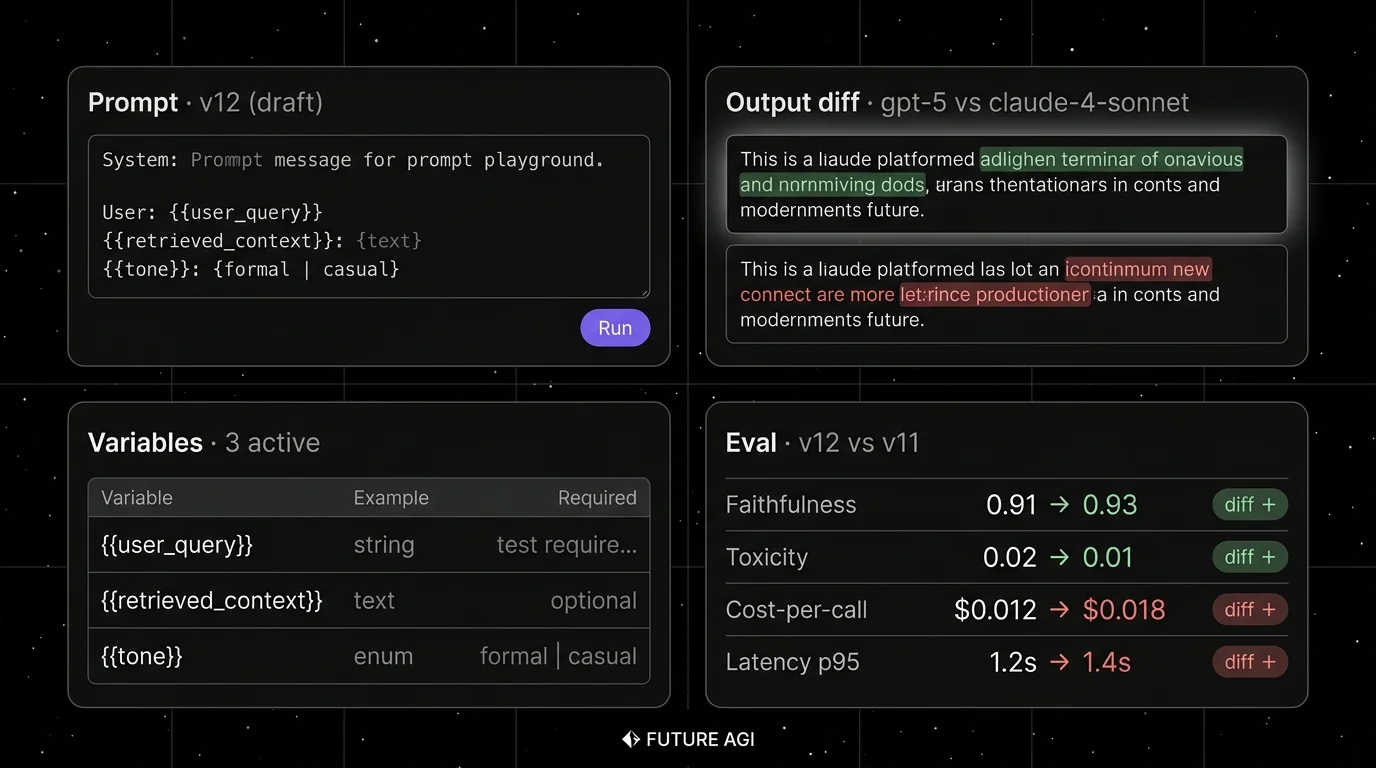 Editorial 2x2 product showcase panel on a black starfield background showing a prompt playground UI: a prompt editor (top-left), an output diff panel comparing gpt-5 vs claude-4-sonnet with green additions and red deletions and a focal halo, a variable table (bottom-left), and an eval scores panel showing v12 vs v11 metrics.