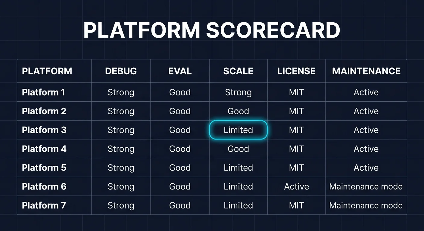Side-by-side scorecard ranking the seven frameworks across maintenance status, debug story, eval integration, persistence, multi-language support, license, and hosted plane availability; LangGraph's persistence and CrewAI's process abstraction carry focal cyan halos as differentiated production capabilities.