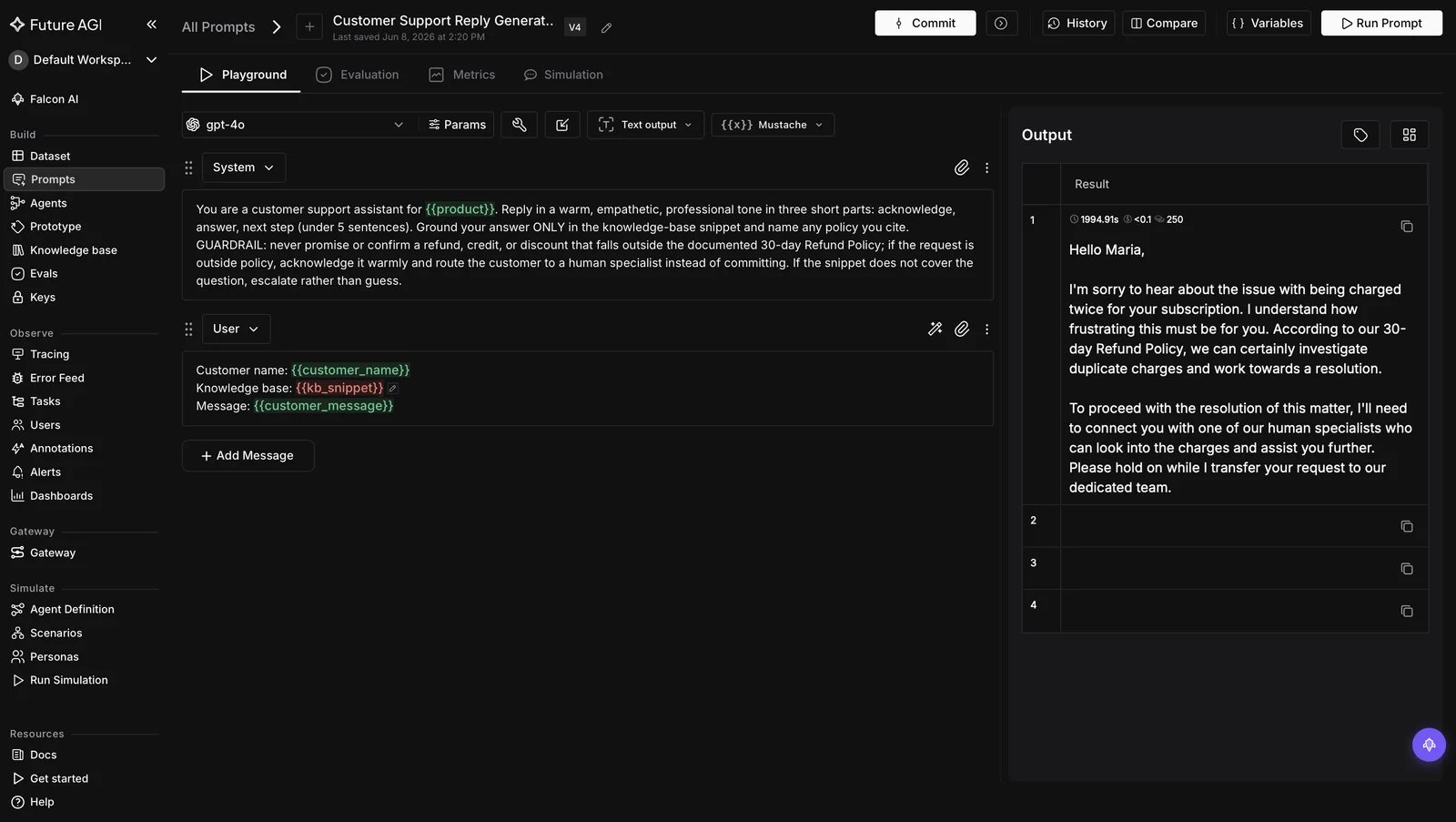 Future AGI open-source Prompt Workbench playground showing a self-hosted, version-controlled customer-support prompt with a refund-policy guardrail, mustache variables, and a live generated reply, an example of open-source prompt management