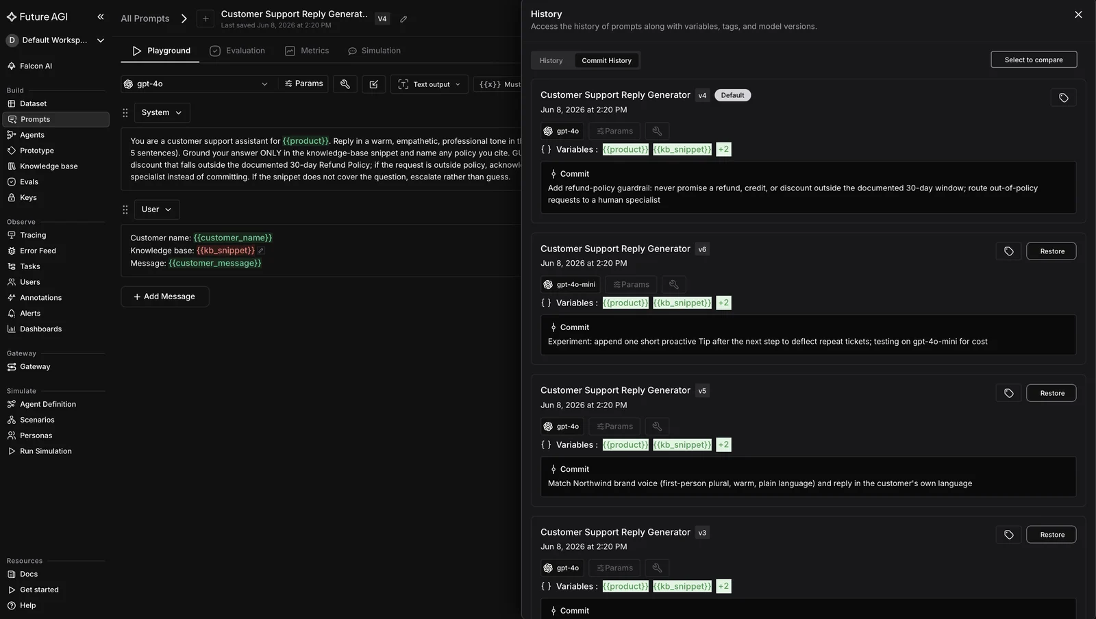 Future AGI prompt version history showing earlier prompt versions, a default version marker, and controls to open, restore, or compare any prior version from the Changelog