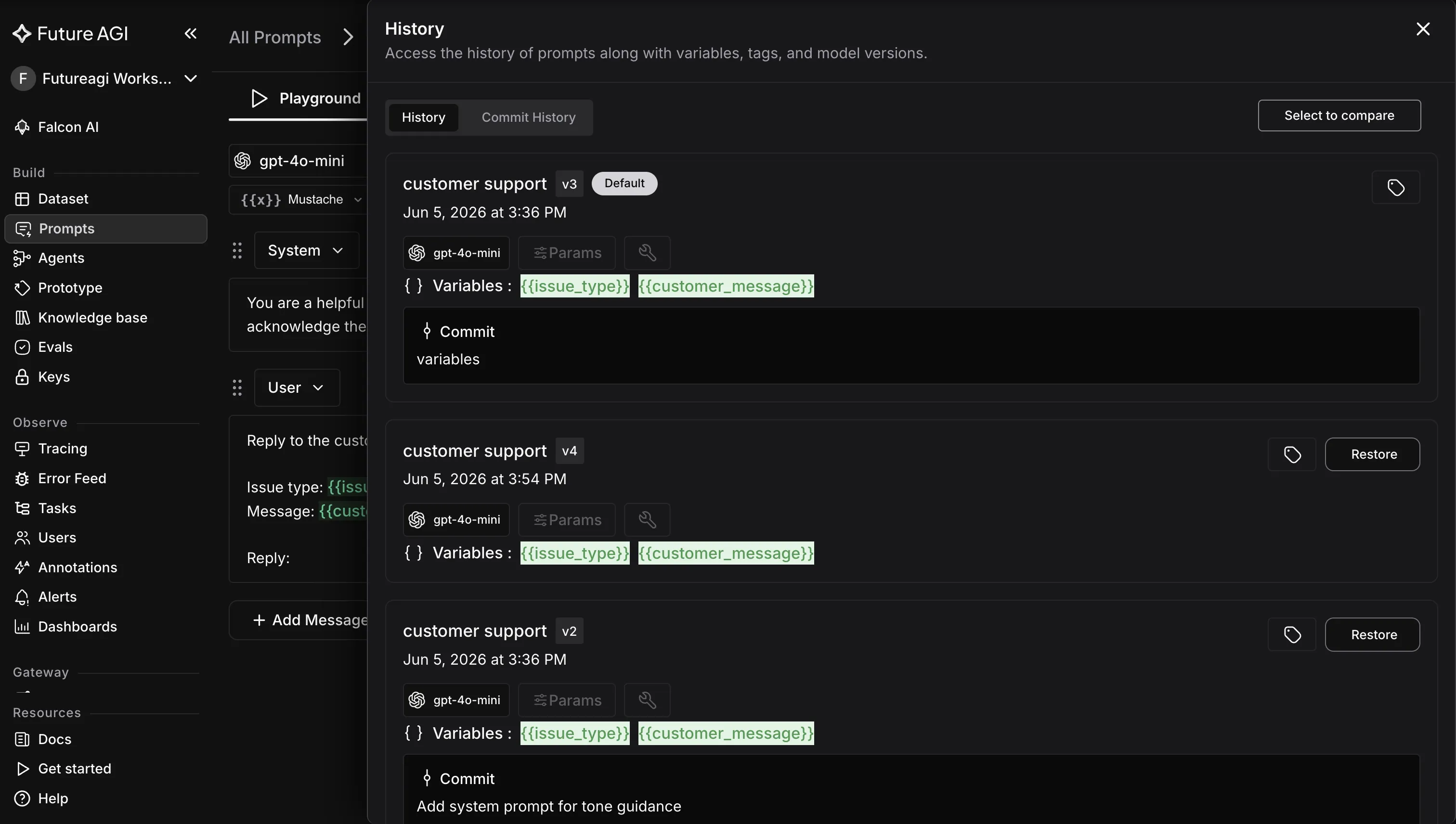 Future AGI prompt version history showing earlier prompt versions, a default version marker, and controls to open, restore, or compare any prior version from the Changelog