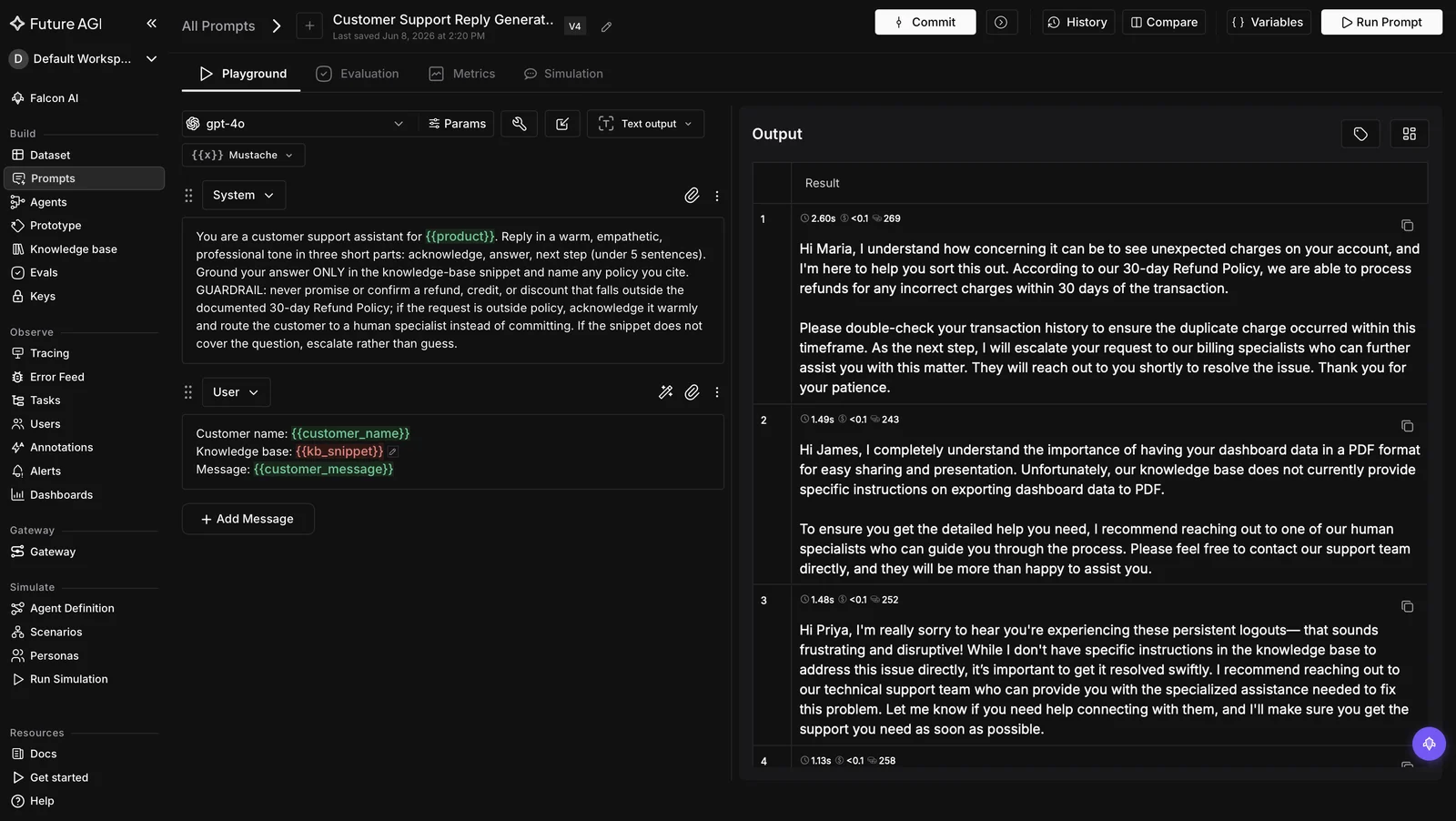 Future AGI prompt IDE with side-by-side system and user message editors, a model picker, mustache variables, and a live output panel showing generated replies with latency and token counts, an example of a prompt IDE workspace