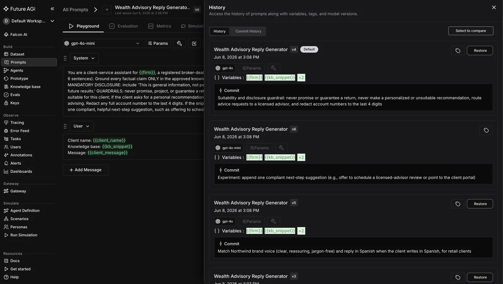 Future AGI prompt registry with labeled versions for AI agent prompt management