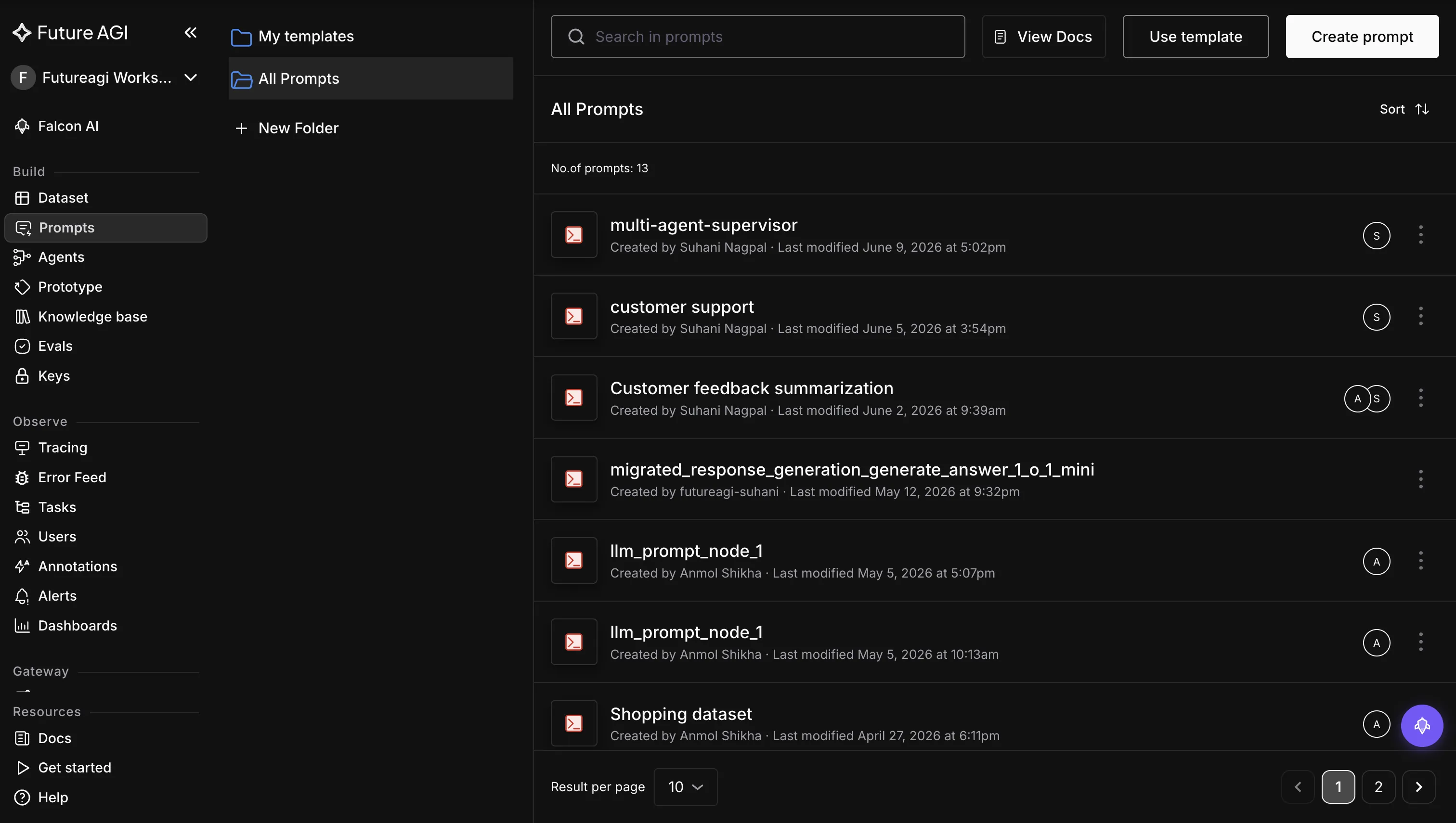 Future AGI prompt registry listing versioned per-step agent prompts, including a multi-agent supervisor prompt, the store an orchestrator pulls each step's prompt from