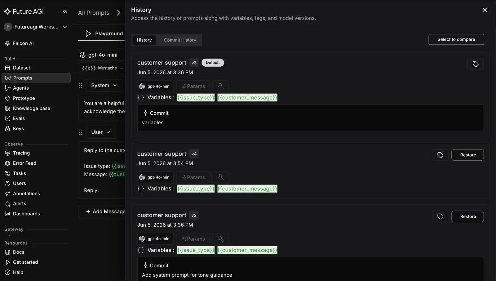 Future AGI prompt version history as a git-style commit trail with compare and one-click restore.