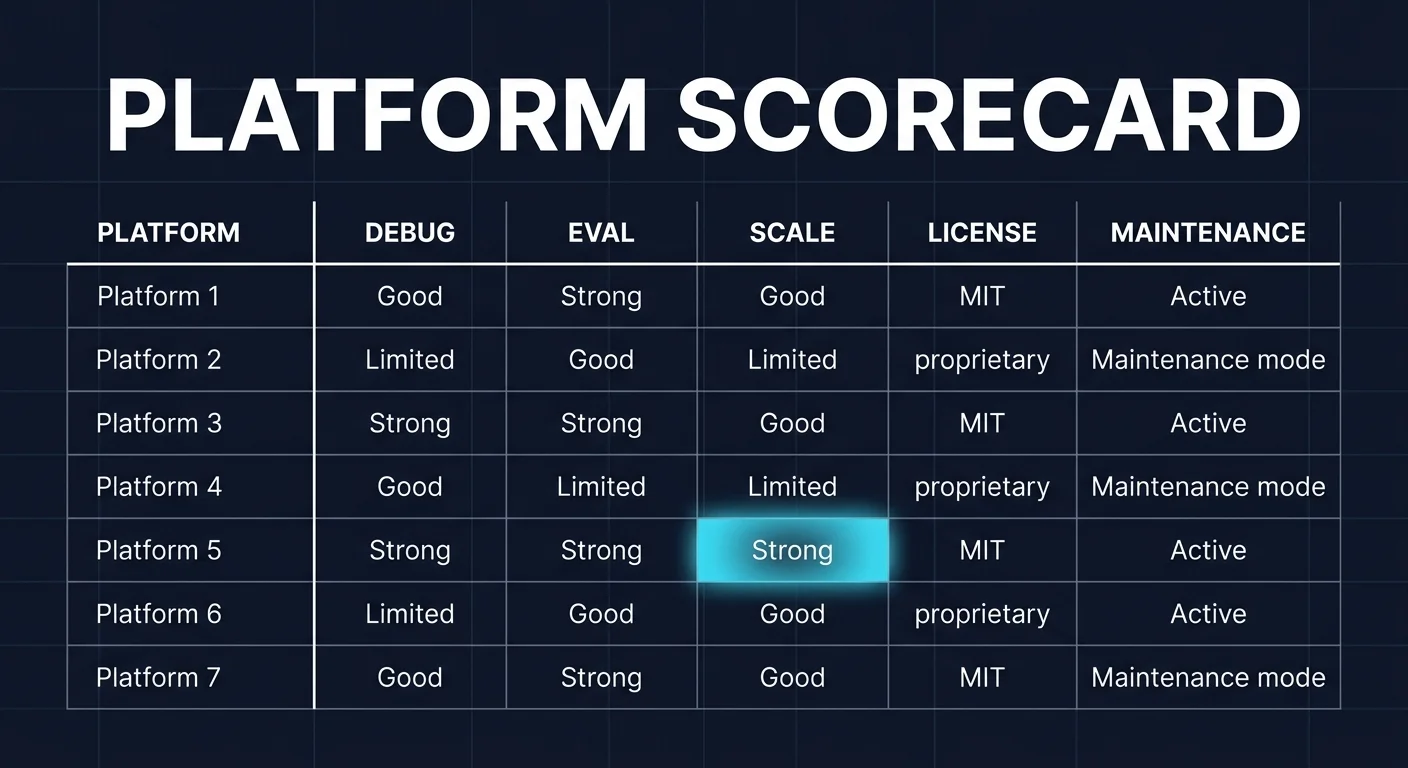 Side-by-side scorecard ranking the seven frameworks across latency, turn-taking, telephony, runtime control, OTel tracing, eval integration, and license; Pipecat's BSD-2-Clause OSS pipeline-of-FrameProcessors and LiveKit Agents' AgentSession plus SIP carry focal cyan halos as differentiated production capabilities.