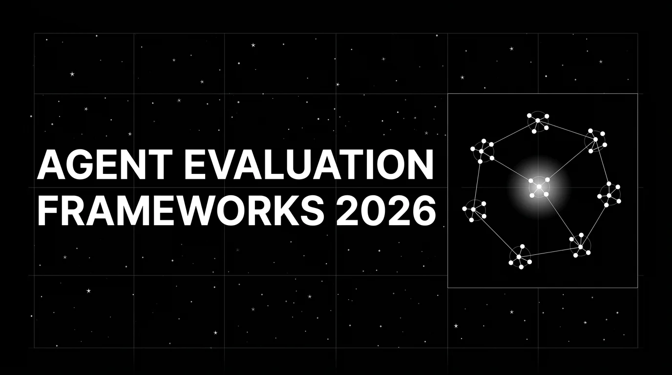 Editorial cover image on a pure black starfield background with faint white grid. Bold all-caps white headline AGENT EVALUATION FRAMEWORKS 2026 fills the left half. The right half shows a wireframe constellation of seven small node-clusters connected by faint lines, with a soft white halo glow on the central cluster, drawn in pure white outlines.