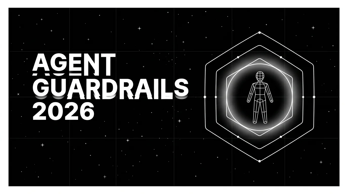 Editorial cover image on a pure black starfield background with faint white grid. Bold all-caps white headline AGENT GUARDRAILS 2026 fills the left half. The right half shows a wireframe agent figure inside a three-layer protective ring or cage drawn in pure white outlines, with a soft white halo glow on the inner ring as the focal element.