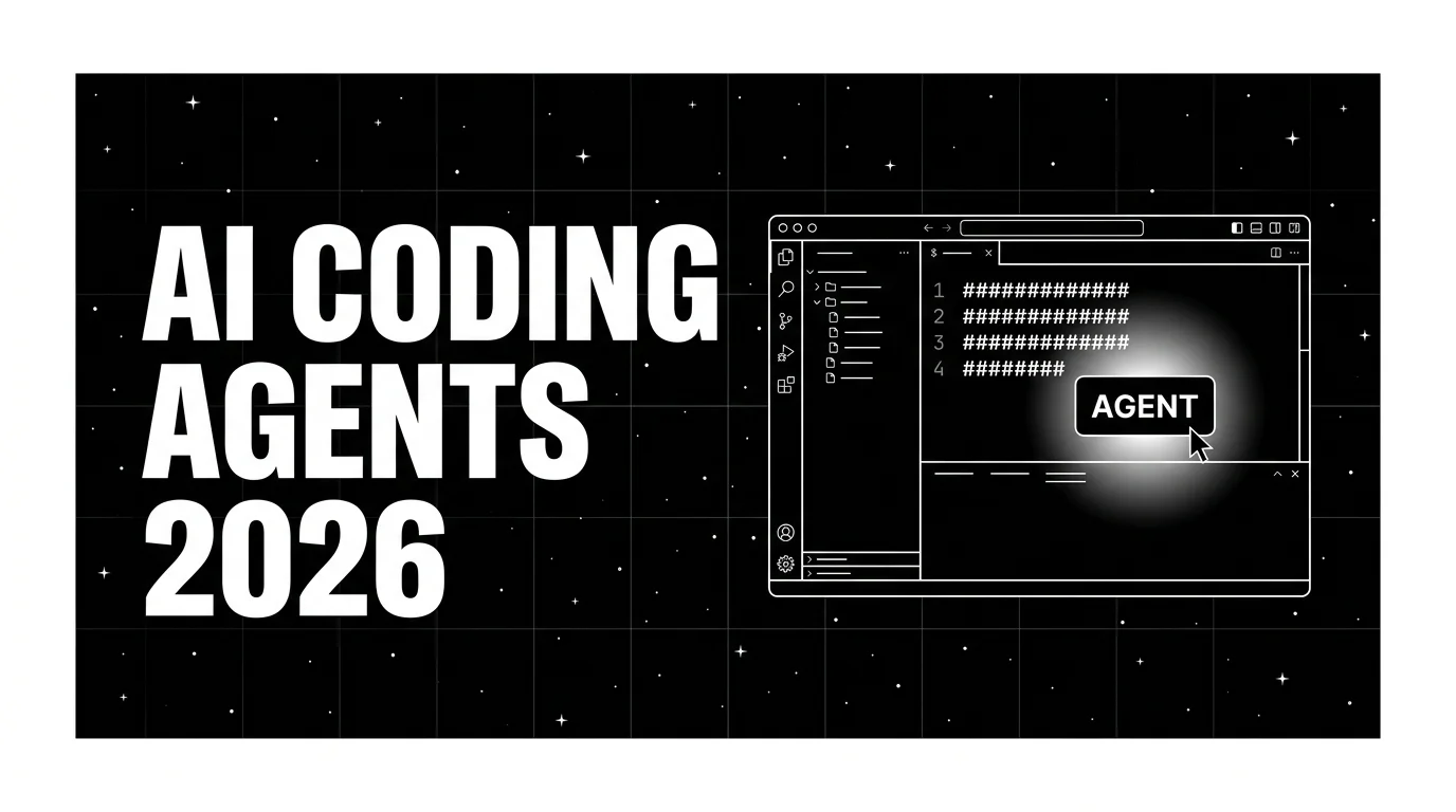 Editorial cover image on a pure black starfield background with faint white grid. Bold all-caps white headline AI CODING AGENTS 2026 fills the left half. The right half shows a wireframe IDE with an agent overlay drawn in pure white outlines with a soft white halo behind the suggestion popup.