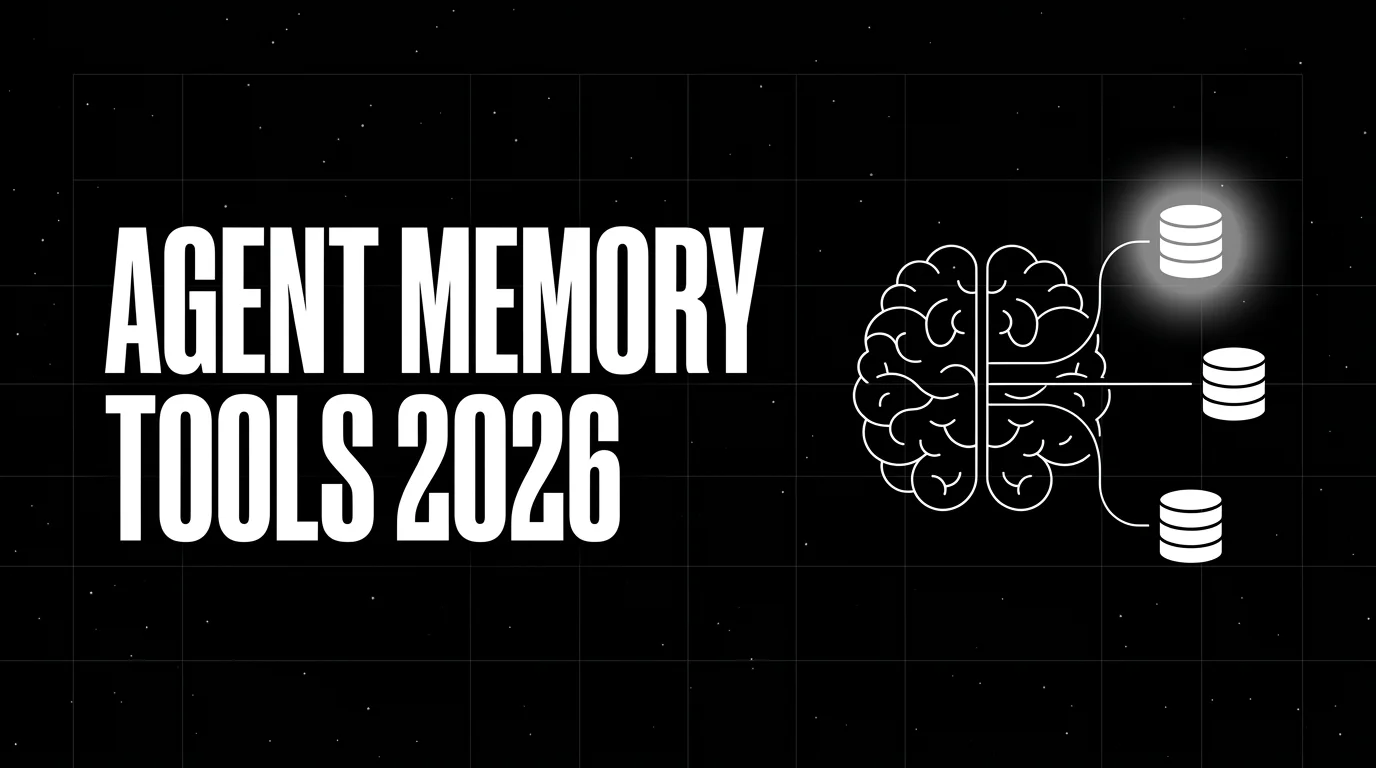 Editorial cover image on a pure black starfield background with faint white grid. Bold all-caps white headline AGENT MEMORY TOOLS 2026 fills the left half. The right half shows a wireframe brain-with-storage diagram drawn in pure white outlines with a soft white halo behind the storage node.