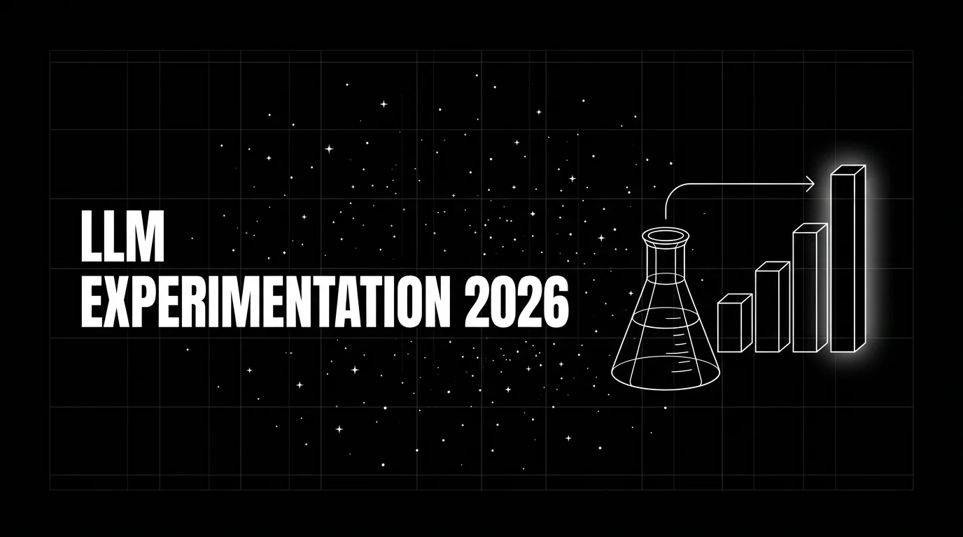 Editorial cover image on a pure black starfield background with faint white grid. Bold all-caps white headline LLM EXPERIMENTATION 2026 fills the left half. The right half shows a wireframe lab beaker connected to a four-bar bar chart drawn in pure white outlines with a soft white halo behind the highest bar.