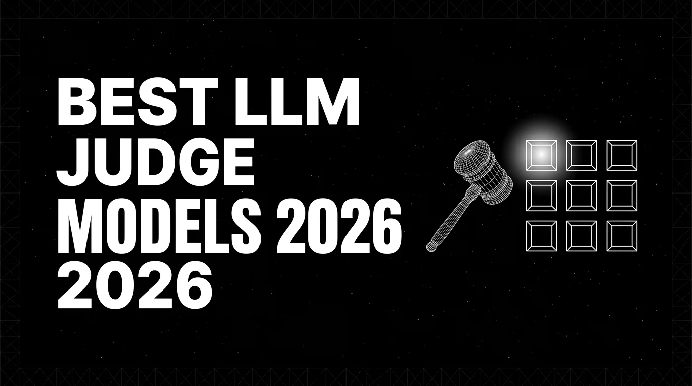 Editorial cover image on a pure black starfield background with faint white grid. Bold all-caps white headline BEST LLM JUDGE MODELS 2026 fills the left half. The right half shows a wireframe gavel and model-icon grid drawn in pure white outlines with a soft white halo behind the top model.