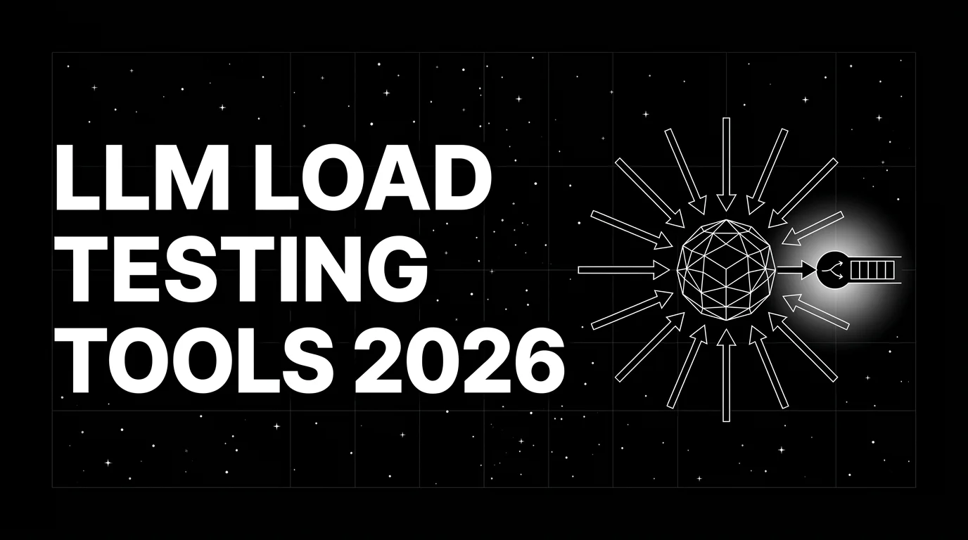 Editorial cover image on a pure black starfield background with faint white grid. Bold all-caps white headline LLM LOAD TESTING TOOLS 2026 fills the left half. The right half shows many wireframe request arrows hammering an LLM endpoint cube, a bottleneck graph rising from the cube, and a soft white halo glow on the bottleneck peak, drawn in pure white outlines.