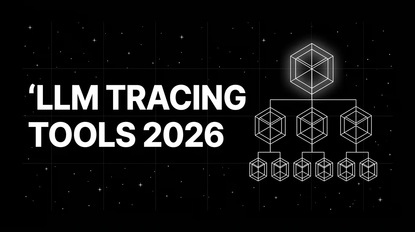 Editorial cover image on a pure black starfield background with faint white grid. Bold all-caps white headline LLM TRACING TOOLS 2026 fills the left half. The right half shows a wireframe span tree with branching child spans, drawn in pure white outlines with a soft white halo behind the root span.