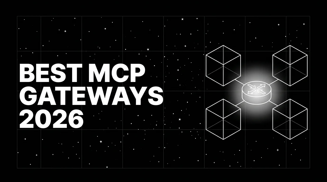 Editorial cover image on a pure black starfield background with faint white grid. Bold all-caps white headline BEST MCP GATEWAYS 2026 fills the left half. The right half shows a wireframe MCP server cluster with five outlined server boxes, a central traffic-router node, and a tap line emerging from the router into an observability dish, drawn in pure white outlines with a soft white halo on the observability tap.