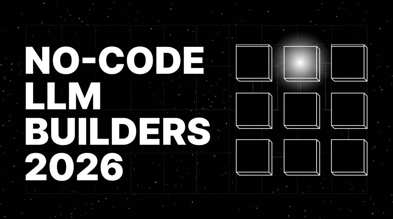 Editorial cover image on a pure black starfield background with faint white grid. Bold all-caps white headline NO-CODE LLM BUILDERS 2026 fills the left half. The right half shows a wireframe drag-and-drop block grid drawn in pure white outlines with a soft white halo behind the top block.