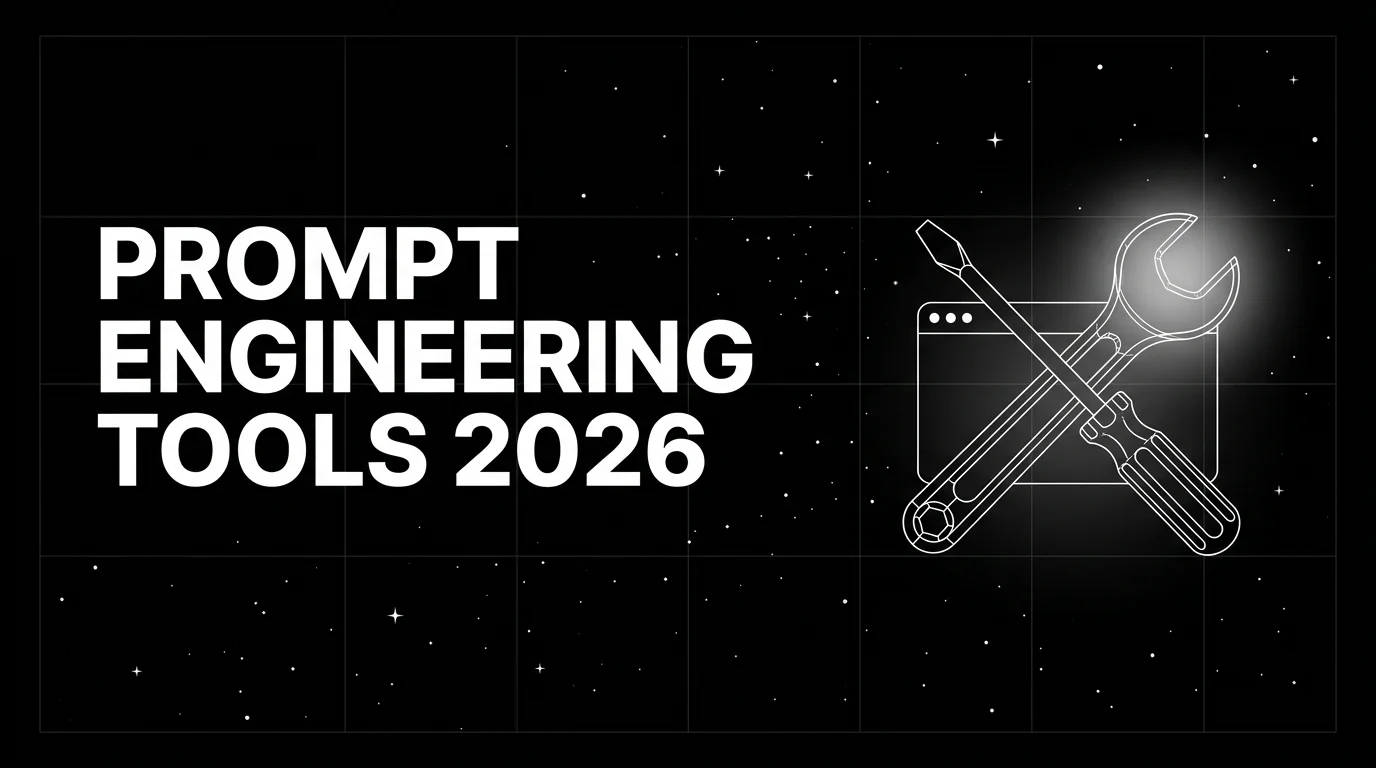 Editorial cover image on a pure black starfield background with faint white grid. Bold all-caps white headline PROMPT ENGINEERING TOOLS 2026 fills the left half. The right half shows a wireframe wrench and screwdriver crossed over a prompt block with a soft white halo glow on the tool head, drawn in pure white outlines.
