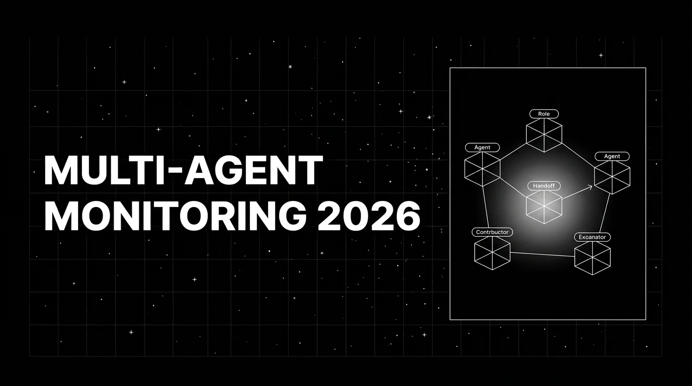 Editorial cover image on a pure black starfield background with faint white grid. Bold all-caps white headline MULTI-AGENT MONITORING TOOLS 2026 fills the left half. The right half shows a wireframe multi-node agent dashboard with three connected agent boxes, a horizontal role-bar at the top, and a soft white halo glow on a handoff arrow between agent two and agent three, drawn in pure white outlines.