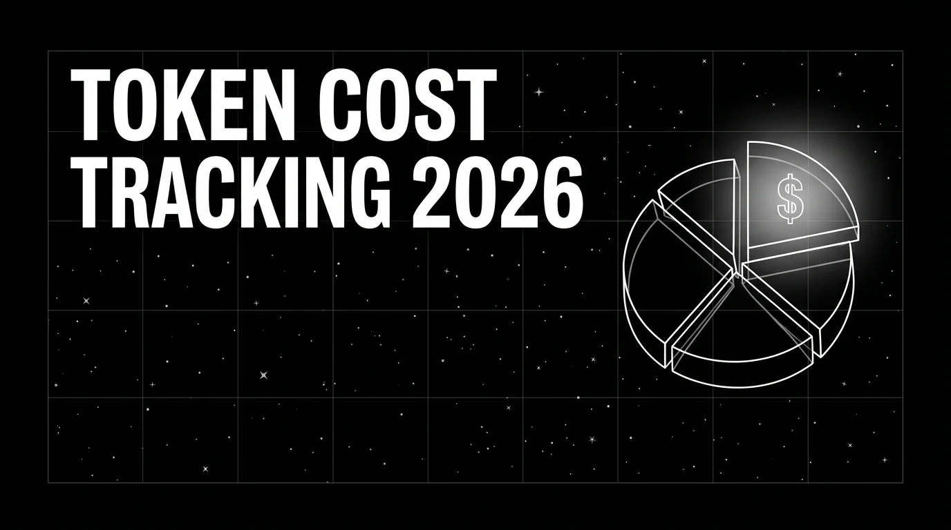 Editorial cover image on a pure black starfield background with faint white grid. Bold all-caps white headline TOKEN COST TRACKING TOOLS 2026 fills the left half. The right half shows a wireframe pie chart slicing tokens across five tenants with a soft white halo glow on the largest most expensive slice, drawn in pure white outlines.