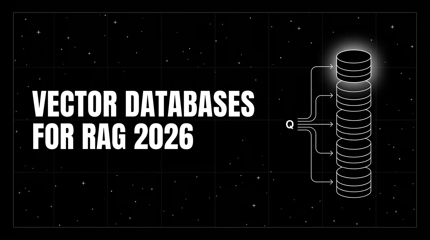 Editorial cover image on a pure black starfield background with faint white grid. Bold all-caps white headline VECTOR DATABASES FOR RAG 2026 fills the left half. The right half shows wireframe stacked database cylinders with arrows from a query node, drawn in pure white outlines with a soft white halo behind the top result.