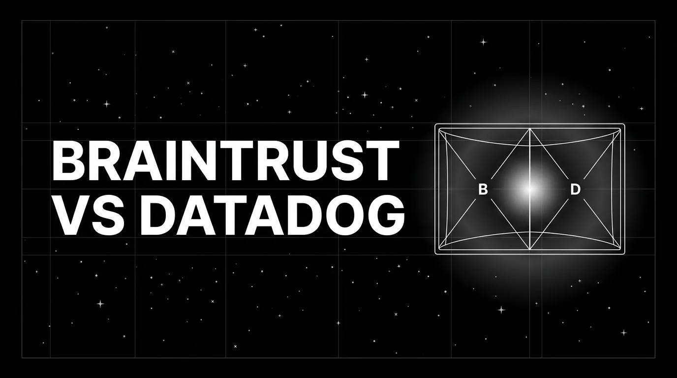 Editorial cover image on a pure black starfield background with faint white grid. Bold all-caps white headline BRAINTRUST VS DATADOG fills the left half. The right half shows a wireframe split screen with two halves, each labeled with a small monogram, and a soft white halo glow at the center seam, drawn in pure white outlines.