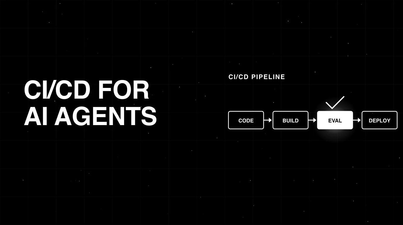 Editorial cover image on a pure black starfield background with faint white grid. Bold all-caps white headline CI/CD FOR AI AGENTS fills the left half. The right half shows a horizontal pipeline with four stages and a check-mark eval gate in the middle, the gate glowing with a soft white halo, drawn in pure white outlines.