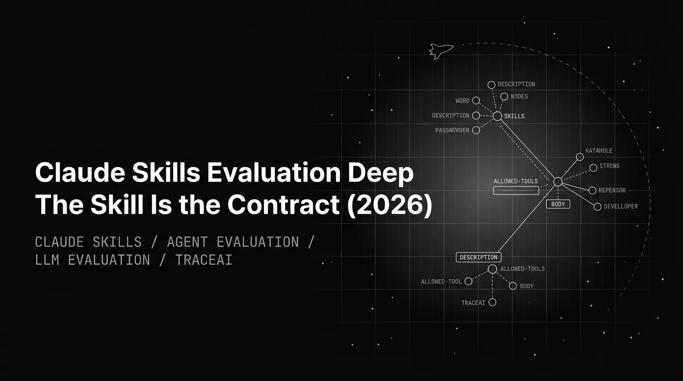 Editorial cover image on a pure black starfield background with faint white grid. Bold all-caps white headline CLAUDE SKILLS EVAL fills the left half. The right half shows a wireframe stack of seven horizontal skill cards connected by faint vertical traces, with a single circular evaluator node on the right edge halo-glowing in soft white, drawn in pure white outlines.